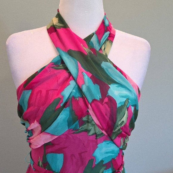 NWT London Times Floral Halter Maxi Dress Size 10 Tropical Print Pink Turquoise - Picture 4 of 16